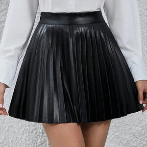 Black Casual Women's High Waisted Pleated Faux Leather Mini Skirt